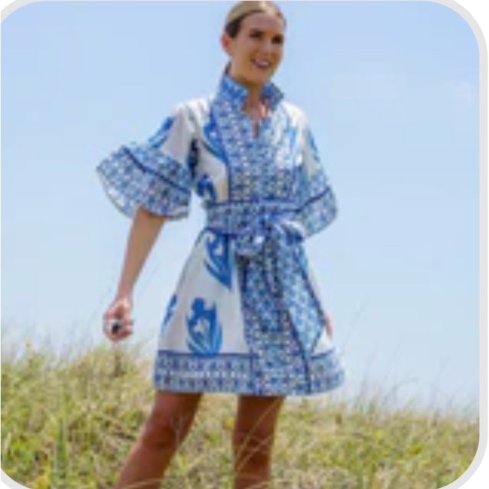 Blue & White Printed Mini Dress with Belt